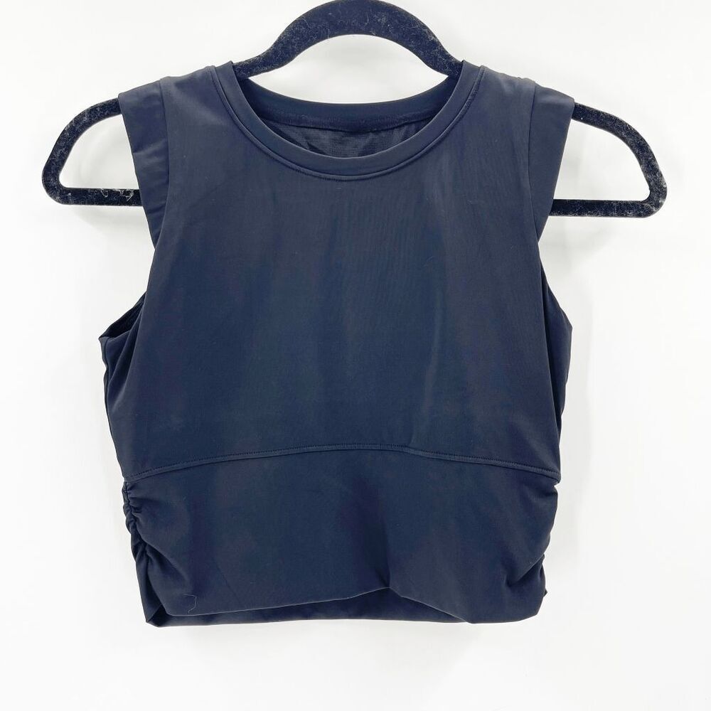 Forever 21 Cropped Tank Top Womens Size S Black Athletic‎ Ruched Crew Neck